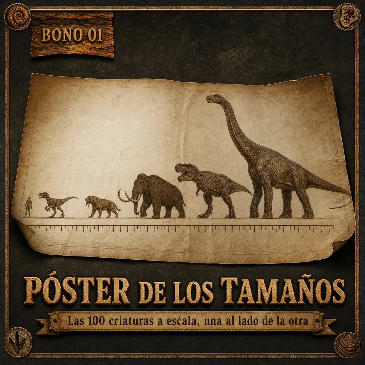 Bono 1, El Póster de los Tamaños: las 100 criaturas dibujadas a escala, una al lado de la otra, con una persona de referencia.