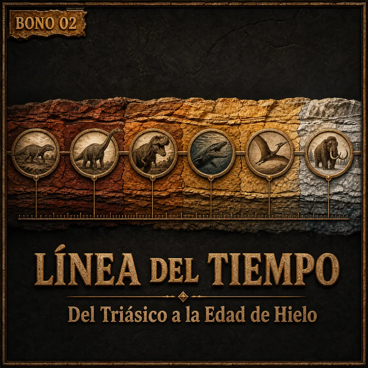 Bono 2, La Línea del Tiempo de la Vida: del Triásico a la Edad de Hielo, con el lugar exacto de cada una de las 100 criaturas.