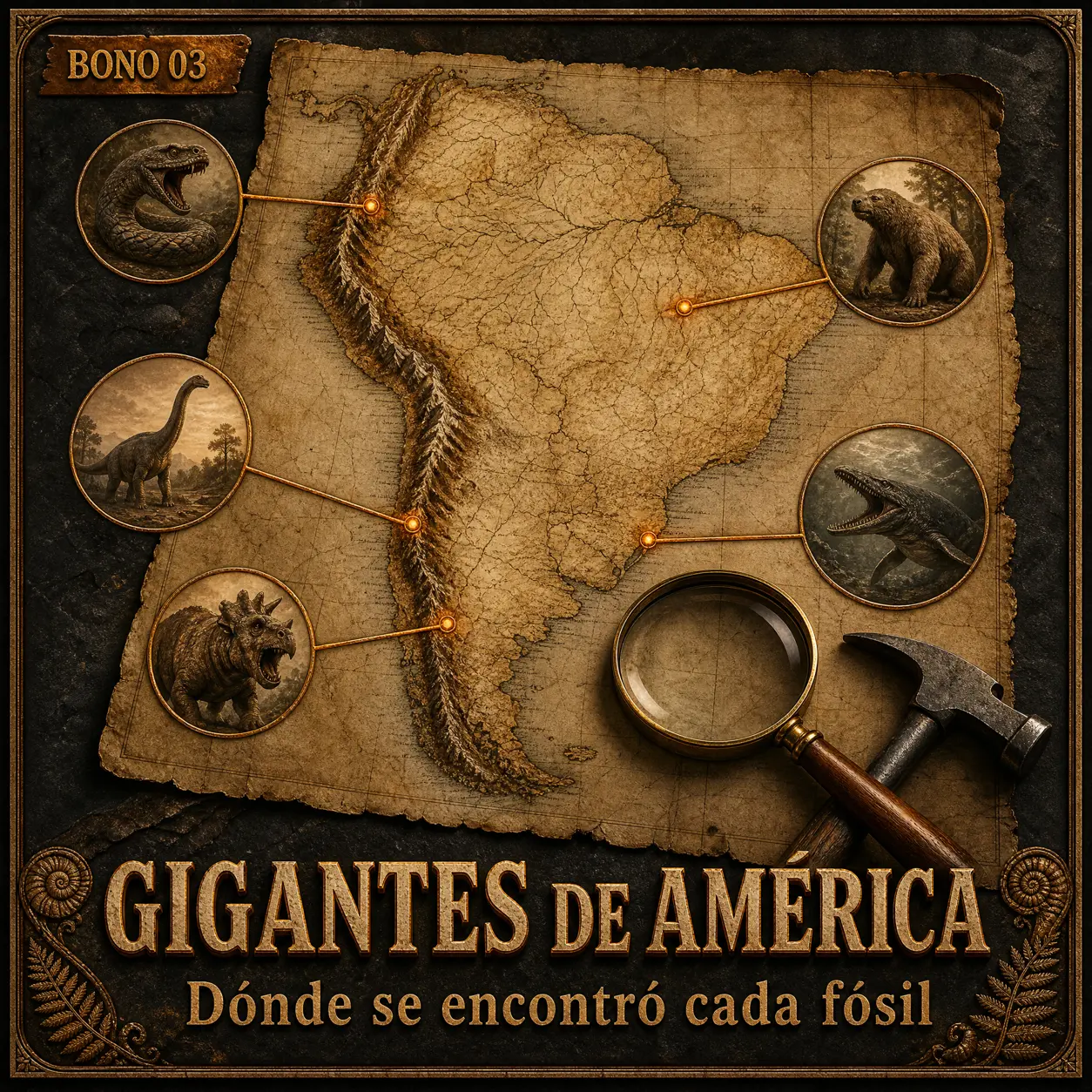 Bono 3, El Mapa de los Gigantes de América: dónde se encontró cada fósil hallado en Argentina, Brasil, Colombia, Chile y Perú.